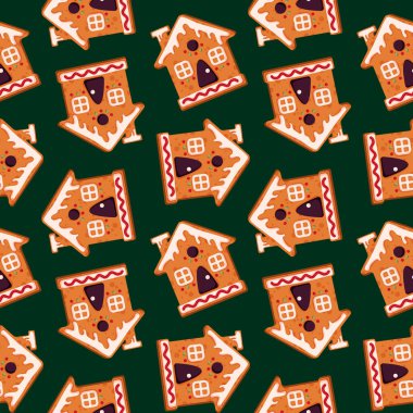 Noel zencefilli kurabiye evi çizgi film tarzında kusursuz. Dekor tekstil, Noel tatili ambalaj kağıdı.