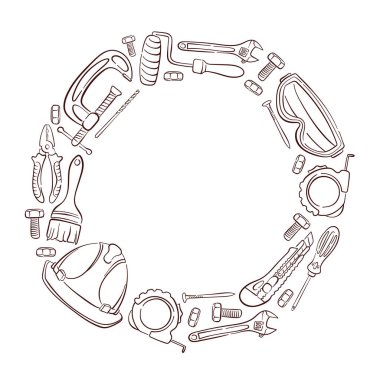 Beyaz arkaplan üzerinde çizgi sanatı tarzı yapı ve onarım araçlarından oluşan dairesel çerçeve sınırı metin veya tasarım için boş merkez alanı ile