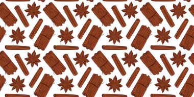 Tarçın çubuğu ve yıldız anason desenli kusursuz düz bir model. Baharat tekstil tasarımı, teslimat ambalajı, arkaplan dekorasyonu ve mevsimlik mutfak veya mutfak teması için mükemmel