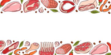 Border frame in flat style with various meats on a white background. Include steak, sausage, ribs and vegetable. Perfect for culinary book, packaging or restaurant branding