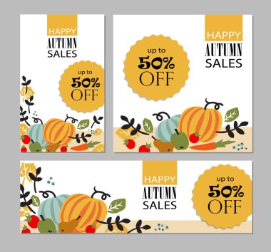 Sonbahar şablonları kümesi. Broşür, kart, poster, sebze, meyve, çilek ve yaprakları ile banner. Vektör çizim sonbahar satış kampanyası için.