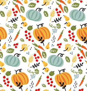 Sebze, meyve ve yaprakları ile Seamless modeli. Vektör sonbahar arka plan.