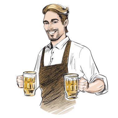 Barmen holding bira gülümseyerek. Elle çizilmiş vektör çizim üzerinde beyaz izole.