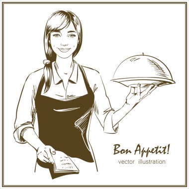Gülümseyen ve mutlu kadın şef. Kadın şef bir restoran cloche tutuyor. Çizilmiş vektör çizim el.