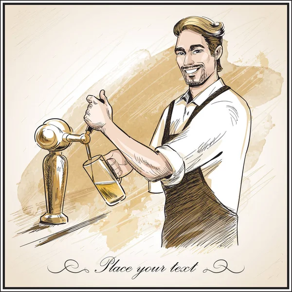 Barista Sorridente Che Versa Birra Illustrazione Vettoriale Disegnata Mano Sfondo — Vettoriale Stock