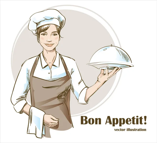 Chef Souriante Heureuse Une Femme Chef Tient Une Cloche Restaurant — Image vectorielle