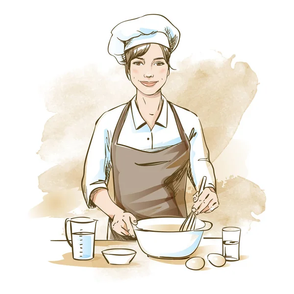 Chef Sonriente Feliz Chef Está Cocinando Con Batidor Ilustración Vectorial — Archivo Imágenes Vectoriales