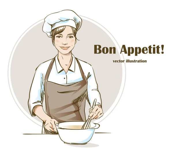 Chef Feminino Sorridente Feliz Mulher Chef Está Cozinhando Ilustração Vetorial — Vetor de Stock