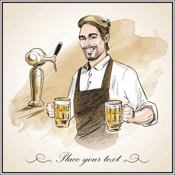 Cantinero Sonriente Sosteniendo Cerveza Ilustración Vectorial Dibujada Mano Sobre Fondo Ilustración De Stock