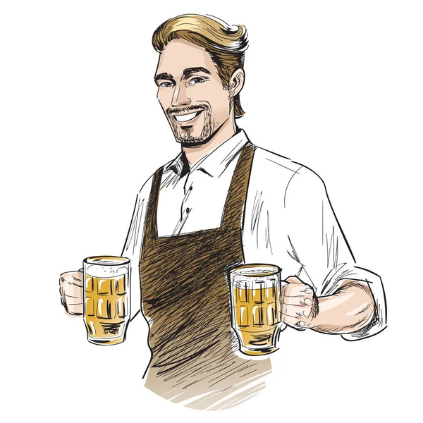 Cantinero Sonriente Sosteniendo Cerveza Ilustración Vectorial Dibujada Mano Aislada Blanco Gráficos Vectoriales