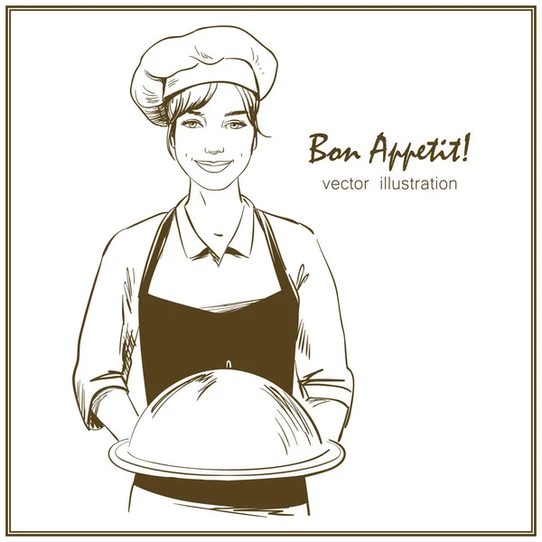 Chef Sonriente Feliz Chef Está Sosteniendo Cloche Restaurante Ilustración Vectorial Ilustraciones De Stock Sin Royalties Gratis