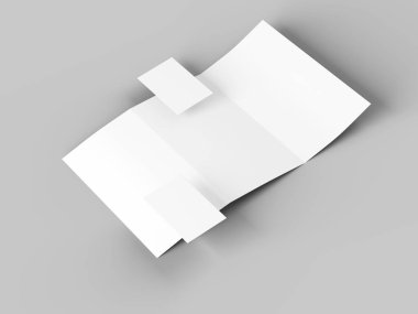 Kartvizit mockup ile A4 formatında üç kat kağıt levha. 3d illüstrasyon