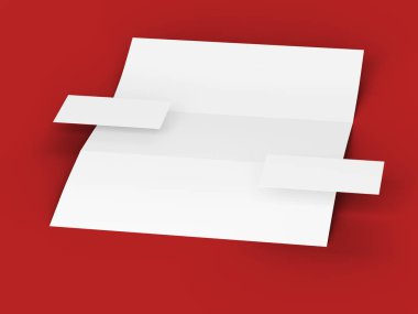 Kartvizit mockup ile A4 formatında üç kat kağıt levha. 3d illüstrasyon