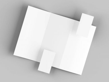 Kartvizit mockup ile A4 formatında üç kat kağıt levha. 3d illüstrasyon