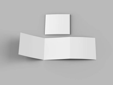 Üç katlanmış broşürü kare biçiminde açın. 3d illüstrasyon