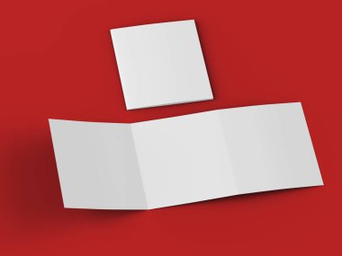 Üç katlanmış broşürü kare biçiminde açın. 3d illüstrasyon