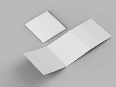 Üç katlanmış broşürü kare biçiminde açın. 3d illüstrasyon