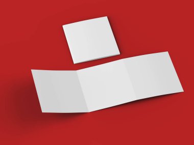 Üç katlanmış broşürü kare biçiminde açın. 3d illüstrasyon