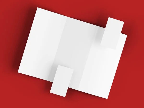 Kartvizit mockup ile A4 formatında üç kat kağıt levha. 3d illüstrasyon