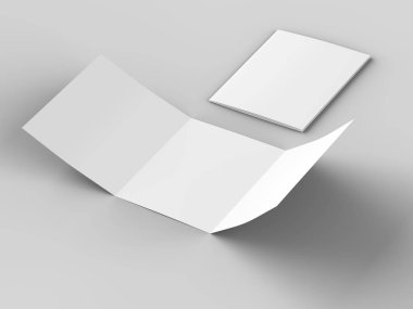Üç katlanmış broşürü kare biçiminde açın. 3d illüstrasyon