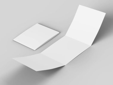 Üç katlanmış broşürü kare biçiminde açın. 3d illüstrasyon
