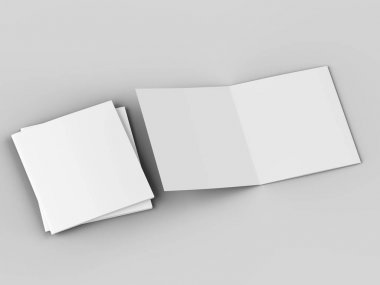 Üç katlanmış broşürü kare biçiminde açın. 3d illüstrasyon