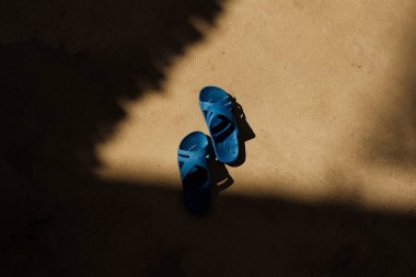 Plaj ayakkabı, parmak arası terlik. Üstten görünüm. Kopya alanı