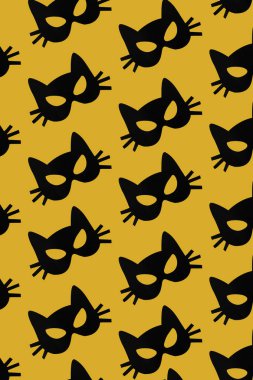 Kağıt kedi maskesi desen sarı zemin üzerine. Cadılar Bayramı, karnaval, maskeli balo kavramı.