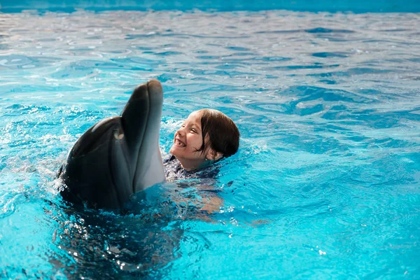 Girl swimming with bottlenose dolphin in blue water. Dolphin Assisted Therapy