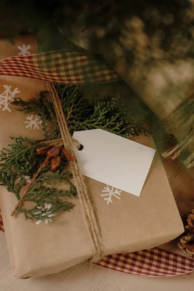 Lege Gift Tag Classy Vintage Christmas Gift Box Kerstcadeautjes Met — Stockfoto