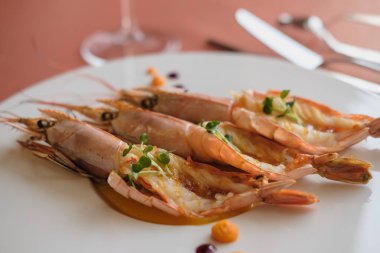 Kerevitleri, Nephrops norvegicus, Dublin Bay karides veya Norveç ıstakoz. Bilinenlerin, Langostino veya Scampi plaka üzerinde. Deniz ürünleri, shelfish. Gurme restoran deniz ürünleri tabağı