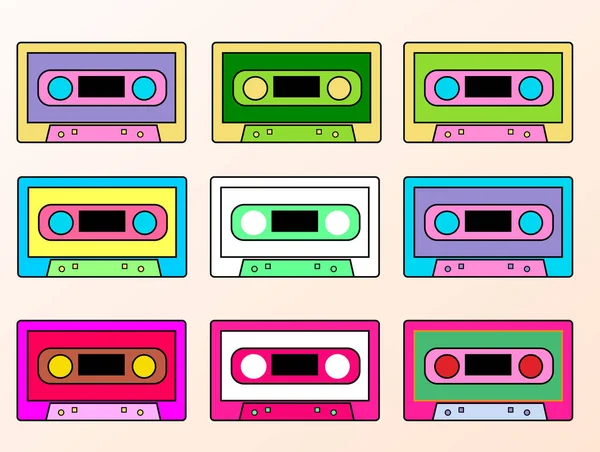 Set of colorful Retro audio tape cassette, vintage mixtape on isolated white background. Old technology. illustration