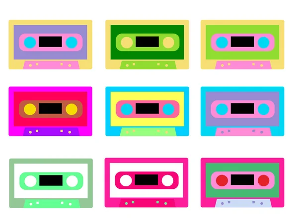 Conjunto Casete Cinta Audio Retro Colorido Mixtape Vintage Sobre Fondo — Vector de stock