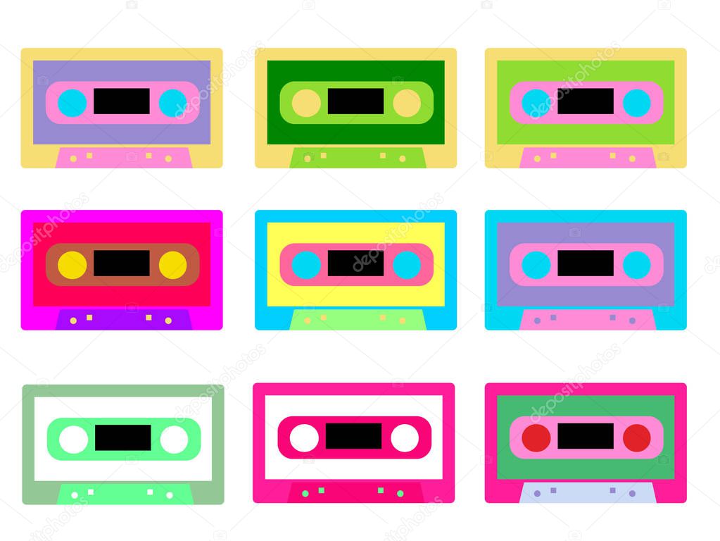 Set of colorful Retro audio tape cassette, vintage mixtape on isolated white background. Old technology. Vector illustration