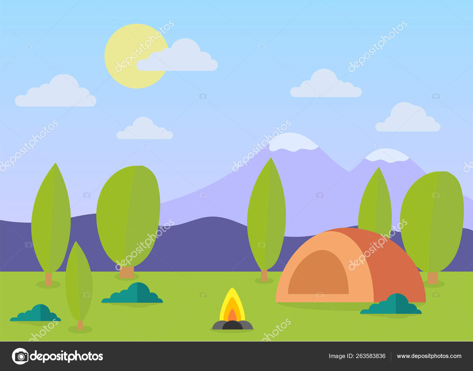 Sunny Day Landscape Tent Campfire Mountains Forest Background Summer Camp  Stock Photo by ©skvalval 263583836