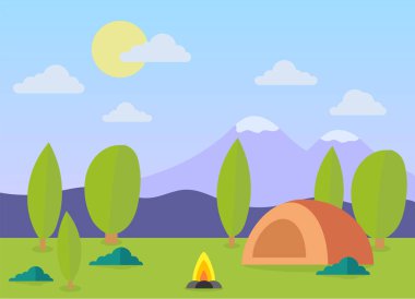 Çadır, kamp ateşi, dağlar, orman ile güneşli bir gün manzara. Yaz kampı, doğa turizmi, kamp veya el ilanı, poster veya promosyon için yürüyüş düz tasarım konsepti için arka plan. Vektör çizimi  