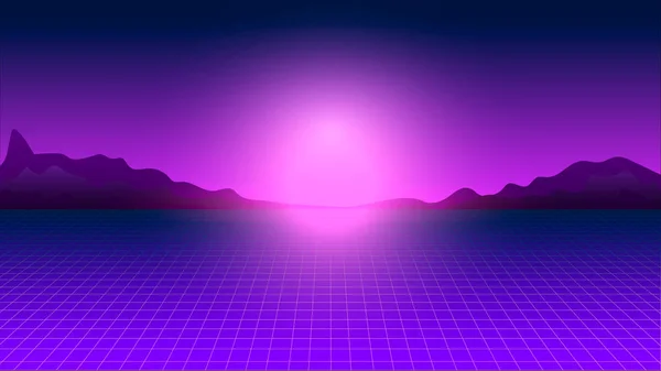 Vector Retrowave Sunset Perspectiva Cuadrícula Futurista Cyberpunk Neón Fondo Digital — Archivo Imágenes Vectoriales