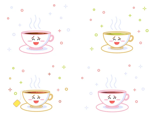 コーヒー カカオ 紅茶のカワイイカップのセット 顔絵文字でかわいい漫画のマグカップキャラクター コーヒーカップのロゴ面白いステッカー フラットな漫画のスタイルのコレクション — ストック写真