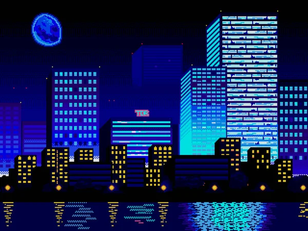 未来夜市 市中心 数字城市景观与摩天大楼 复古波80 90年代美学 像素艺术 — 图库照片