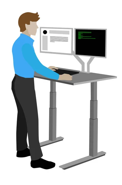 Standing Position Workplace Man Programmer Working Stand Desk Vector Illustration — Stock Vector