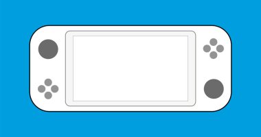 Beyaz taşınabilir video oyun Konsolu, mavi arka plan üzerinde Video Oyun için el gadget. Tasarım, uygulamalar ve web için illüstrasyon. Alay etmek
