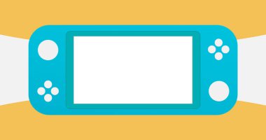 Mavi taşınabilir video oyun Konsolu, beyaz ve turuncu soyut arka plan üzerinde Video Oyun için el gadget. Tasarım, uygulamalar ve web için illüstrasyon. Alay etmek