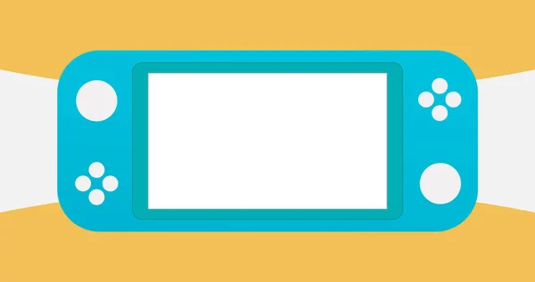 蓝色便携式视频游戏控制台 手持小工具视频游戏的白色和橙色抽象背景 用于设计 应用和 Web 的插图 模拟起来 — 图库矢量图片