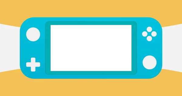 青いポータブルビデオゲームコンソール 白とオレンジの抽象的な背景にビデオゲームのためのハンドヘルドガジェット デザイン アプリ ウェブ用のイラストレーション モックアップ — ストックベクタ