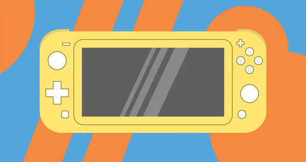 阿纳帕 俄罗斯联邦 2019年7月10日 任天堂开关精简版 黄色便携式视频游戏控制台 手持小工具视频游戏的蓝色和橙色抽象背景 — 图库矢量图片