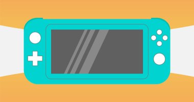 Anapa, Rusya Federasyonu - 10 Temmuz 2019: Nintendo Switch Lite, mavi Taşınabilir video oyun konsolu, beyaz ve turuncu soyut arka plan üzerinde video oyun için el gadget. Illüstrasyon