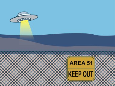 Alan 51 Uçan Ufo, askeri bölgede Uçan Daire tabela ile çit üzerinde tutun