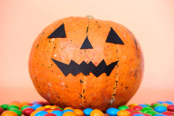 Halloween Tök Jack Lantern Decor Vicces Arc Színes Cukorka Narancssárga — Stock Fotó