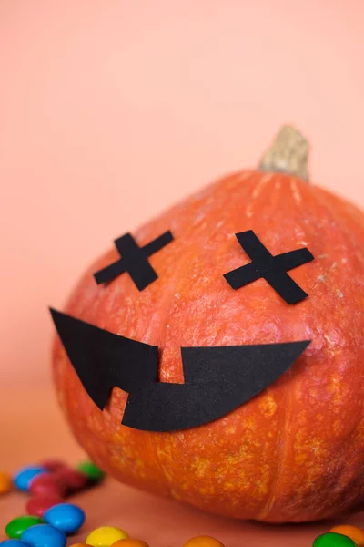 Halloween Tök Jack Lantern Decor Vicces Arc Színes Cukorka Narancssárga — Stock Fotó