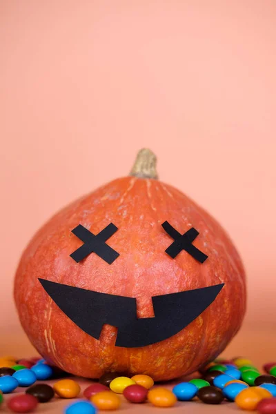 Halloween Tök Jack Lantern Decor Vicces Arc Színes Cukorka Narancssárga — Stock Fotó